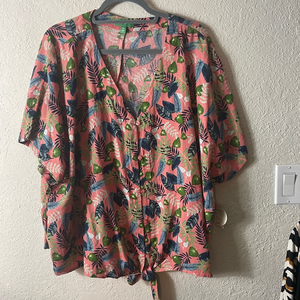 Dip Pink Leaf Print Button-Front Tie-Hem S/S Linen Blend Shirt Sz 3X NWT